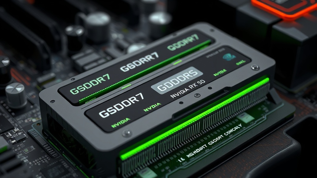 Nvidia RTX 50 Super GPU rendered with GDDR7 memory modules highlighted