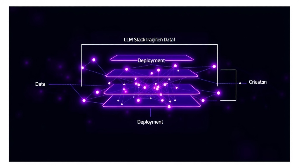 Diagram illustrating the layered architecture of an LLM stack from data to deployment.