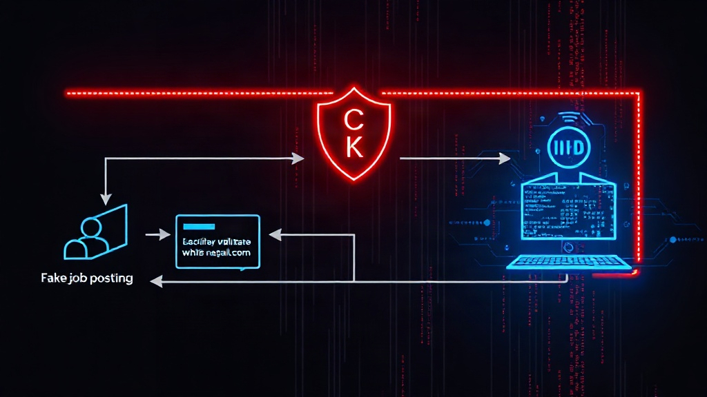 Diagram illustrating the multi-stage attack flow from fake job posting to malware installation.
