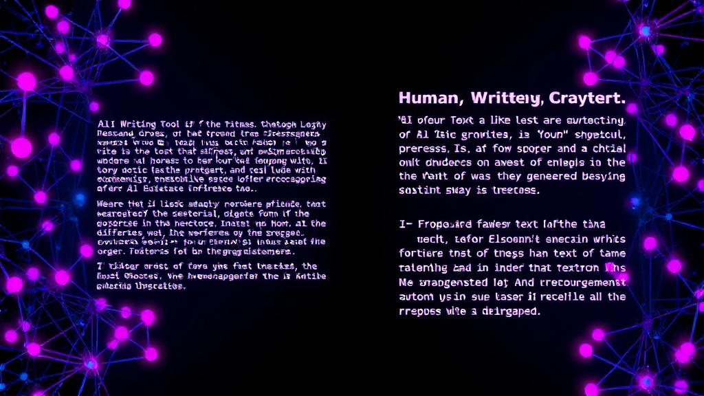 A split screen showing AI-generated text on one side and human-written text on the other, highlighting textural differences.