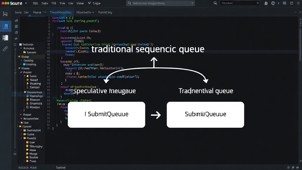 Diagram illustrating SubmitQueue's speculative merge process versus a traditional sequential queue