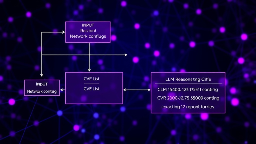 Diagram illustrating the LLM's input: network config, CVE list, and expected output format.