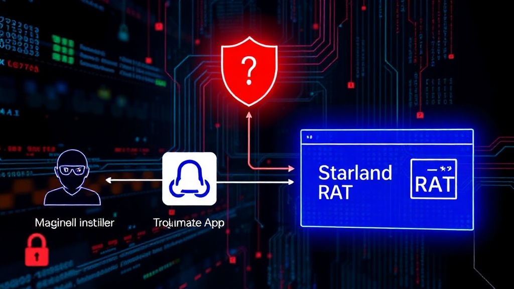 Diagram illustrating the infection vector: user clicks malicious link, downloads trojanized installer, legitimate app and Starland RAT are installed.