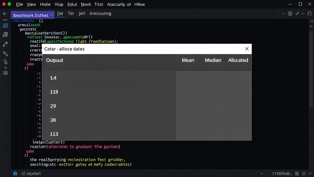 BenchmarkDotNet output table showing mean, median, and allocated bytes