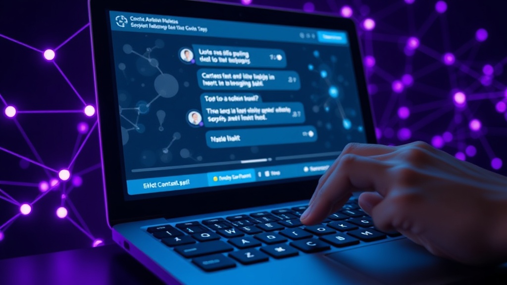 A visual representation of a human typing on a keyboard with a chatbot interface on screen