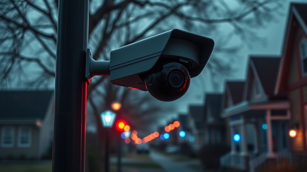 Visual representation of a Flock AI camera mounted on a pole in a residential neighborhood.