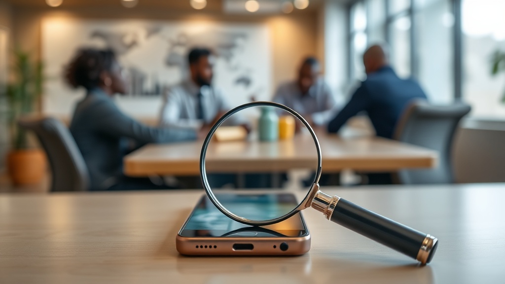 Mobile phone on a table with a magnifying glass over the screen, symbolizing warranty inspection