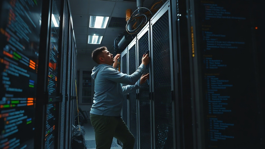 Engineers scrambling to fix a server rack during a midnight outage