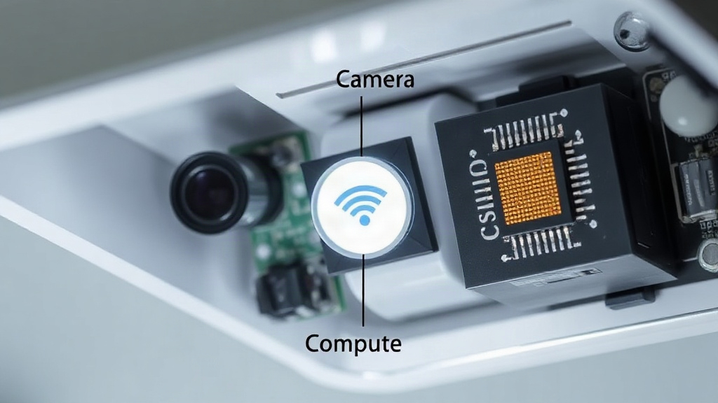 Diagram showing a smart light fixture with integrated camera, compute, and Wi-Fi components.