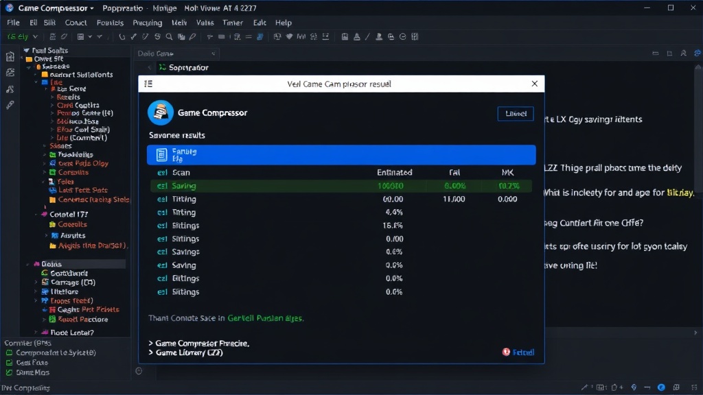 Game Compressor interface showing scan results and estimated space savings for game files.
