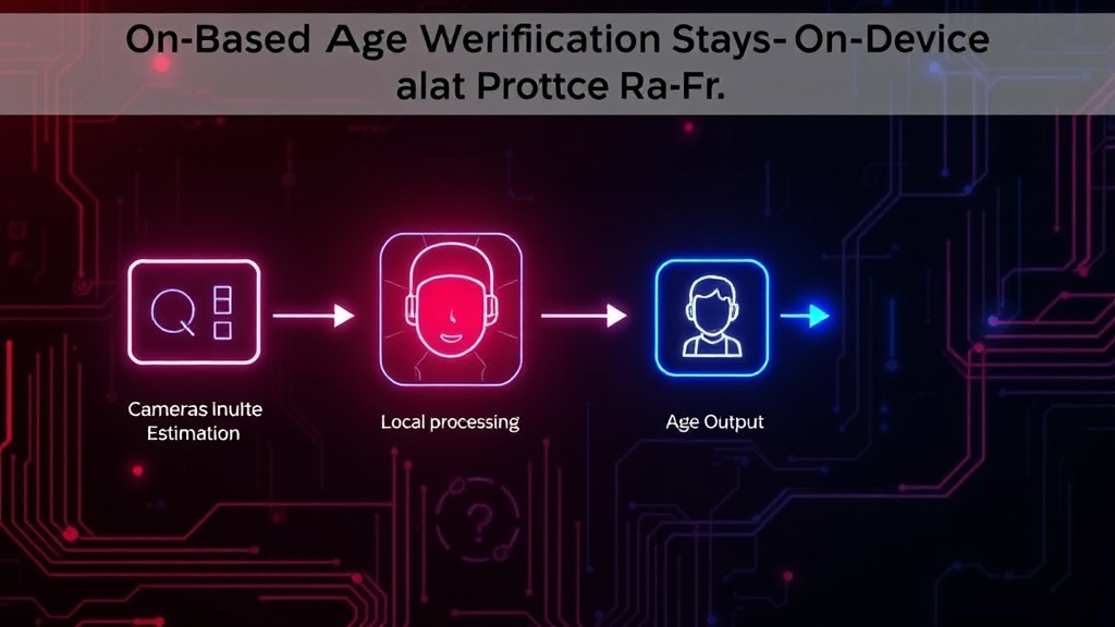 Diagram illustrating the flow of on-device age estimation, showing camera input to local processing and age output.