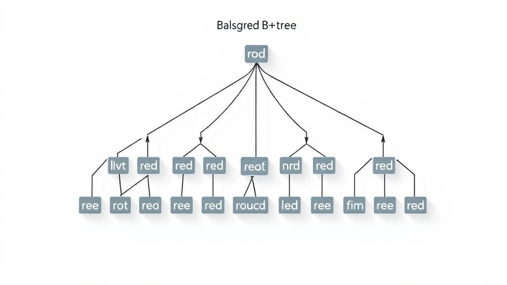 Diagram illustrating a balanced B+tree index structure with root, internal, and leaf nodes