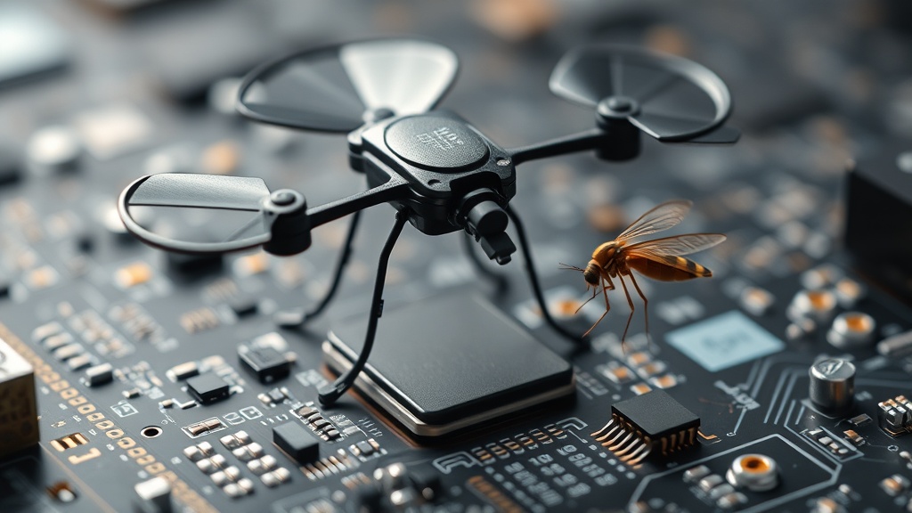 Artist's impression of a micro-drone in flight, targeting a mosquito