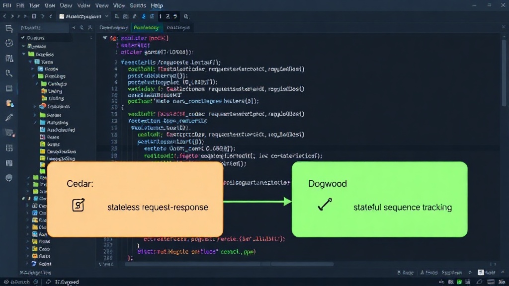 Diagram illustrating Cedar's stateless request-response vs. Dogwood's stateful sequence tracking.