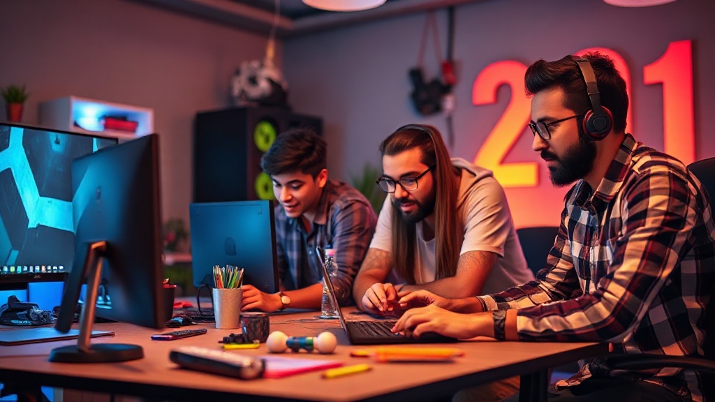 A visual representation of a game development team collaborating on a project using digital tools.