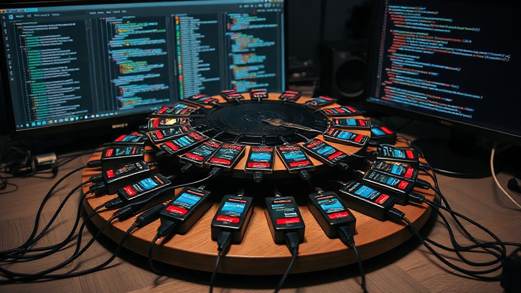 Lazy Susan setup holding USB hubs for flashing multiple conference badges