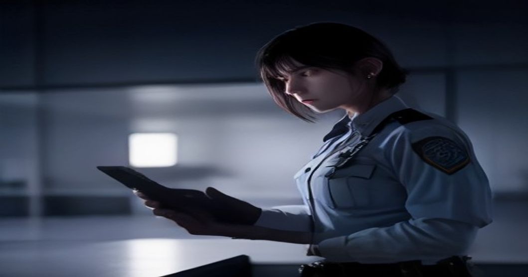 Customs and Border Protection officer examining a smartphone at a border checkpoint