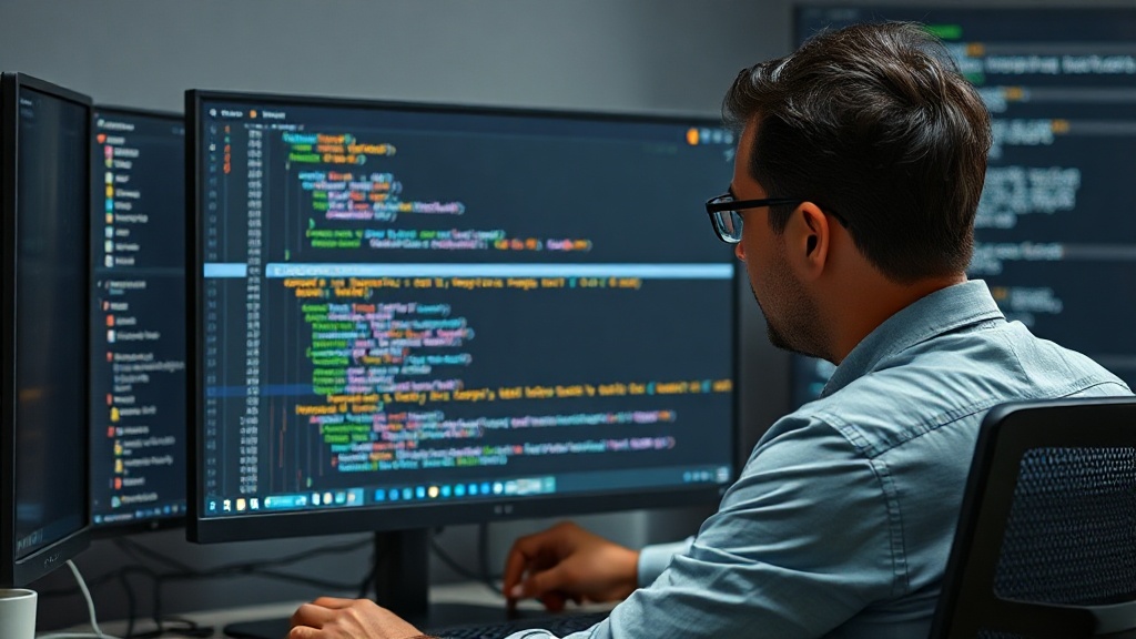 Developer reviewing code generated by an AI assistant on a monitor.
