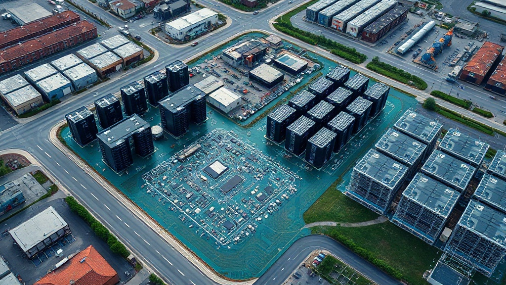 Aerial view of a large data center campus adjacent to a former industrial zone