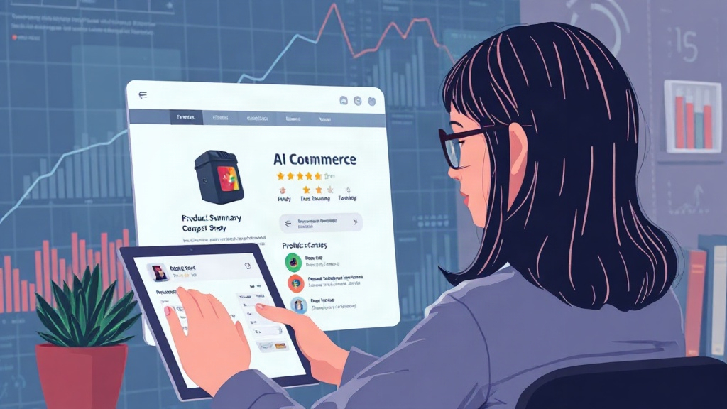 Illustration of a consumer browsing an e-commerce site with an AI-generated product summary