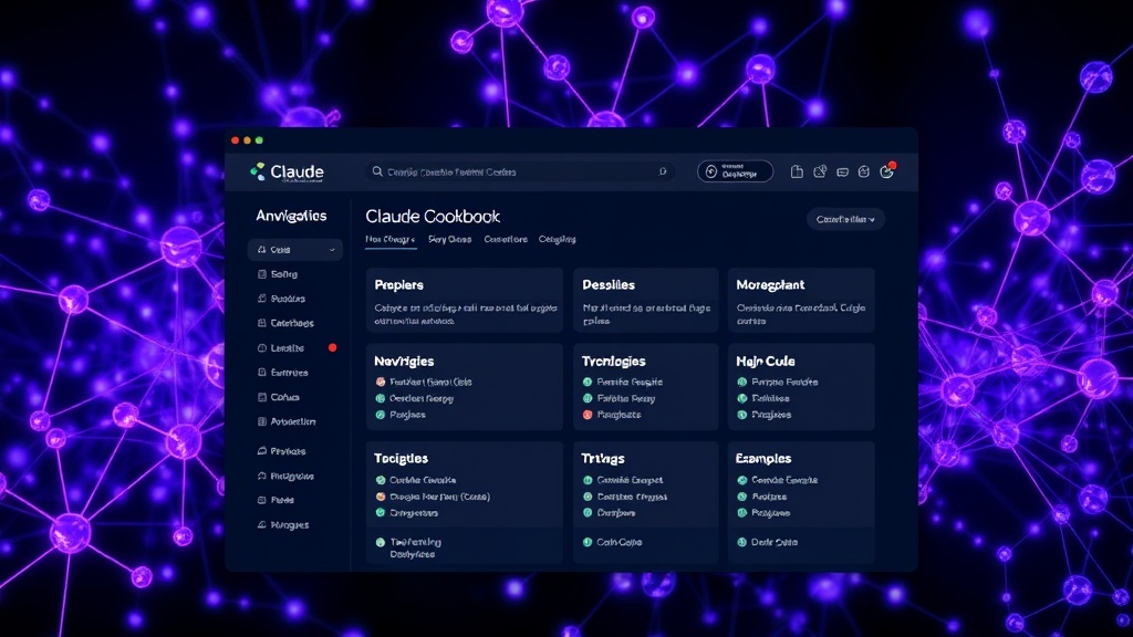 Screenshot of the Claude Cookbook homepage showcasing navigation and example categories.