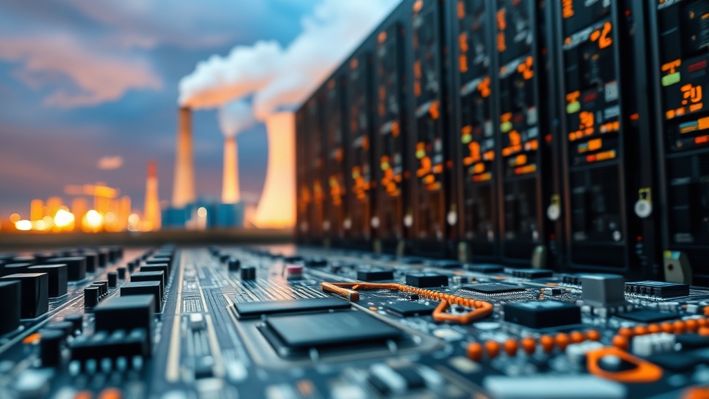 Conceptual illustration of a large-scale data center with a power plant in the background