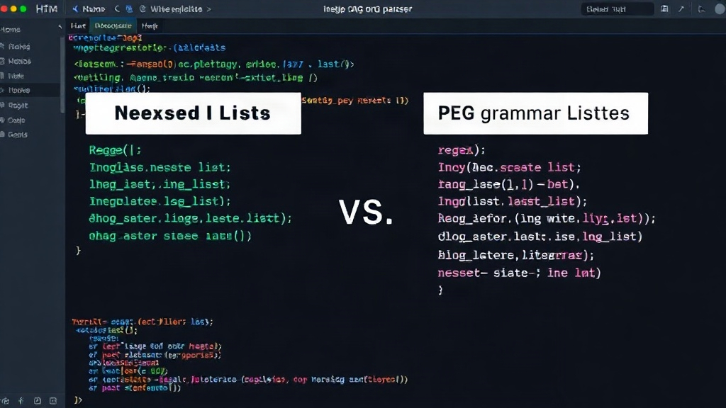 A visual representation comparing the complexity of a regex for nested lists versus a PEG grammar definition.