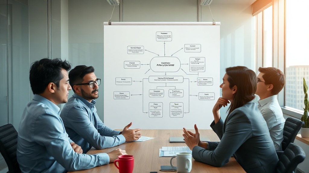 Executives in a boardroom looking at a complex AI flowchart with confused expressions.