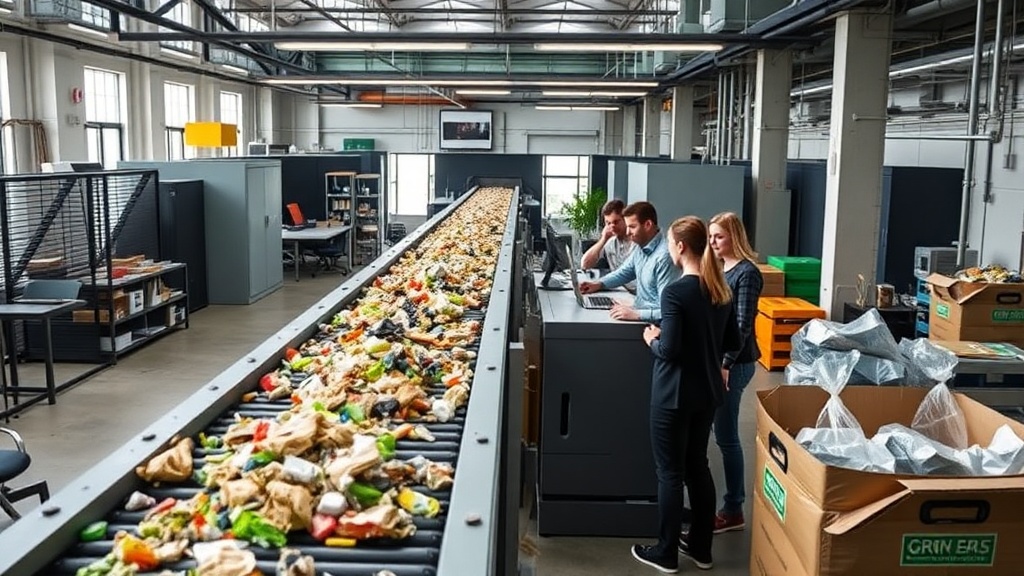 AI vision system analyzing waste streams on a conveyor belt in a recycling facility