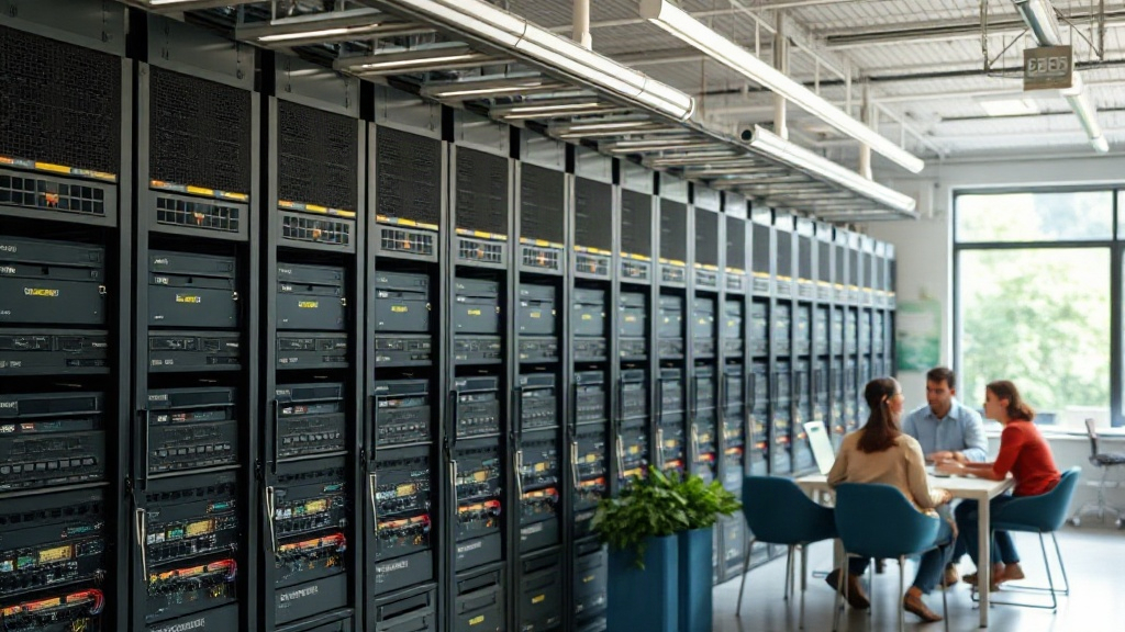 Oracle Cloud infrastructure data center with racks of servers and networking equipment.