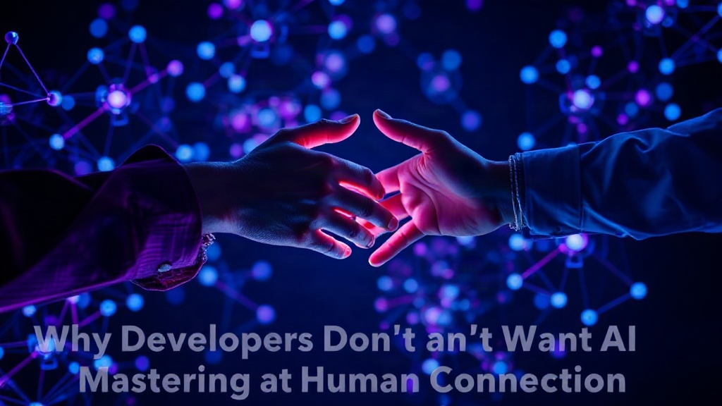 An abstract visualization of AI neural networks contrasted with human hands in conversation.