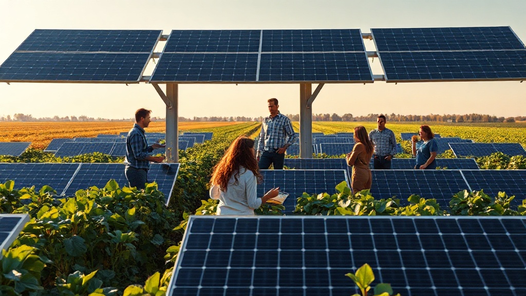 Solar panels installed above a field of crops, illustrating agrivoltaics in practice.