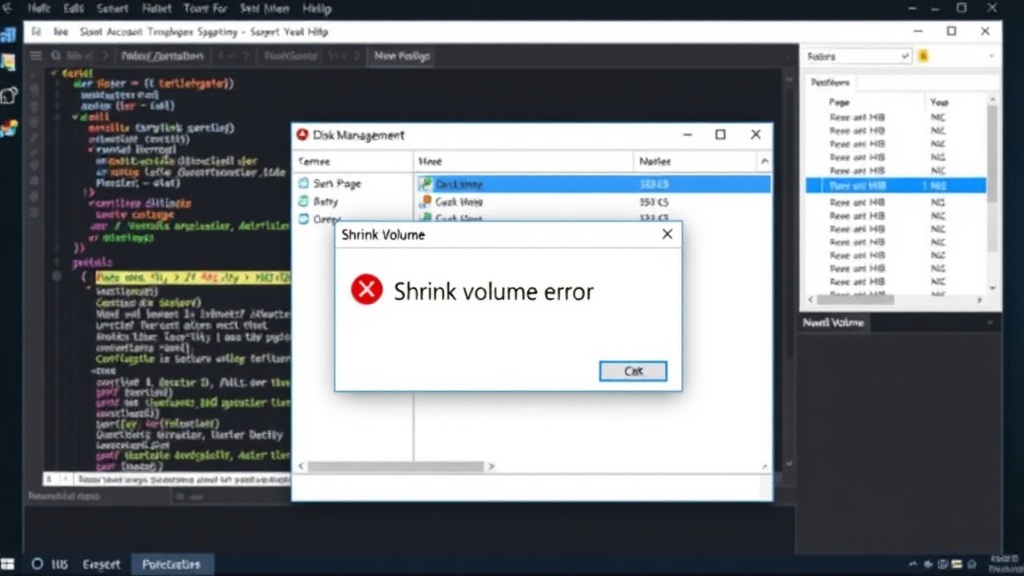Windows Disk Management showing the 'Shrink Volume' error dialog box
