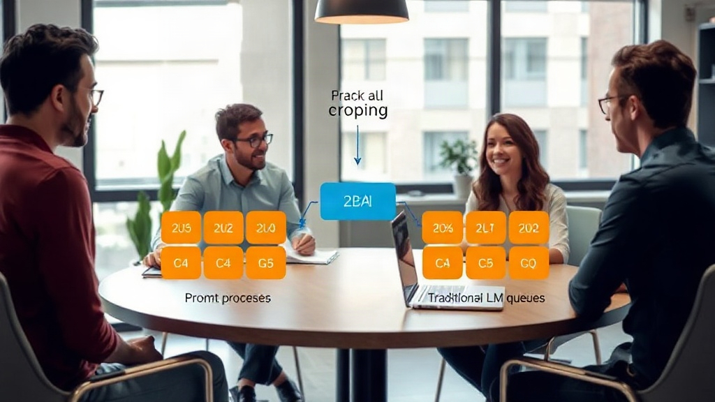 Conceptual diagram illustrating 2BA.AI's prompt processing vs. traditional LLM queues