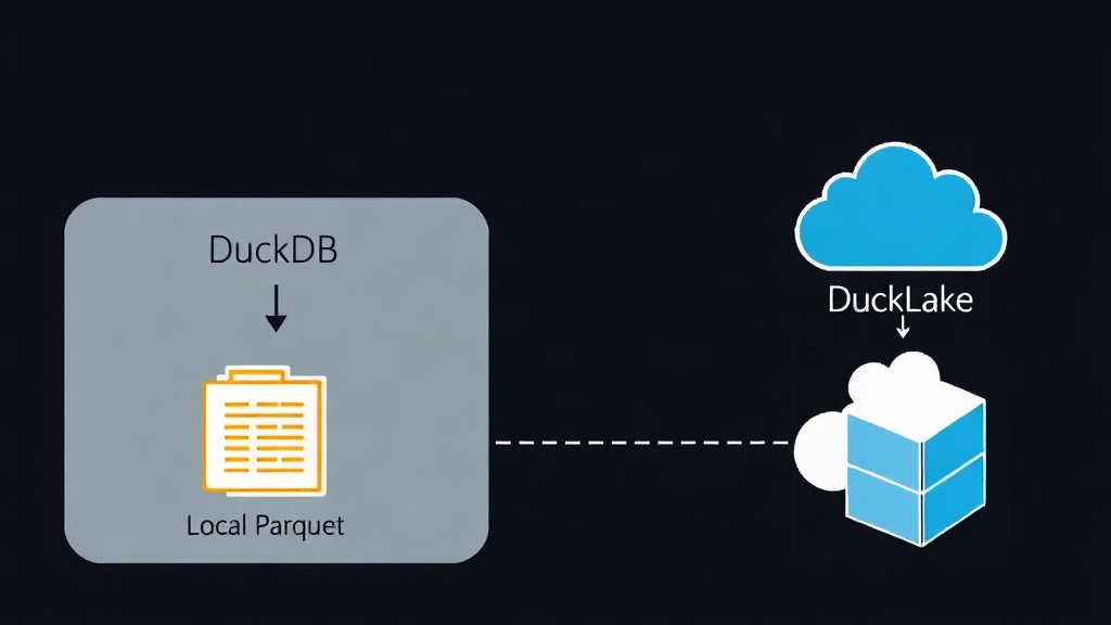 Diagram showing DuckDB connecting to local Parquet files and DuckLake connecting to cloud storage