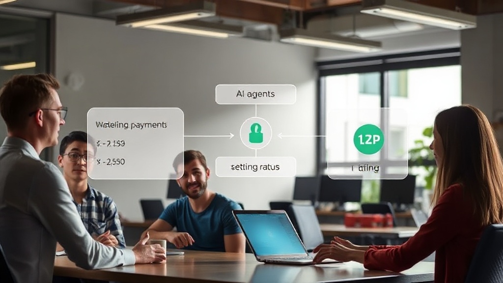 Conceptual diagram illustrating AI agents initiating and settling payments autonomously.