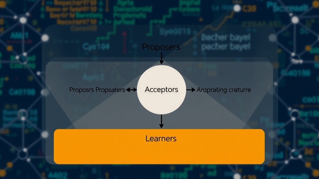 A diagram illustrating the roles of Proposers, Acceptors, and Learners in the Paxos algorithm.
