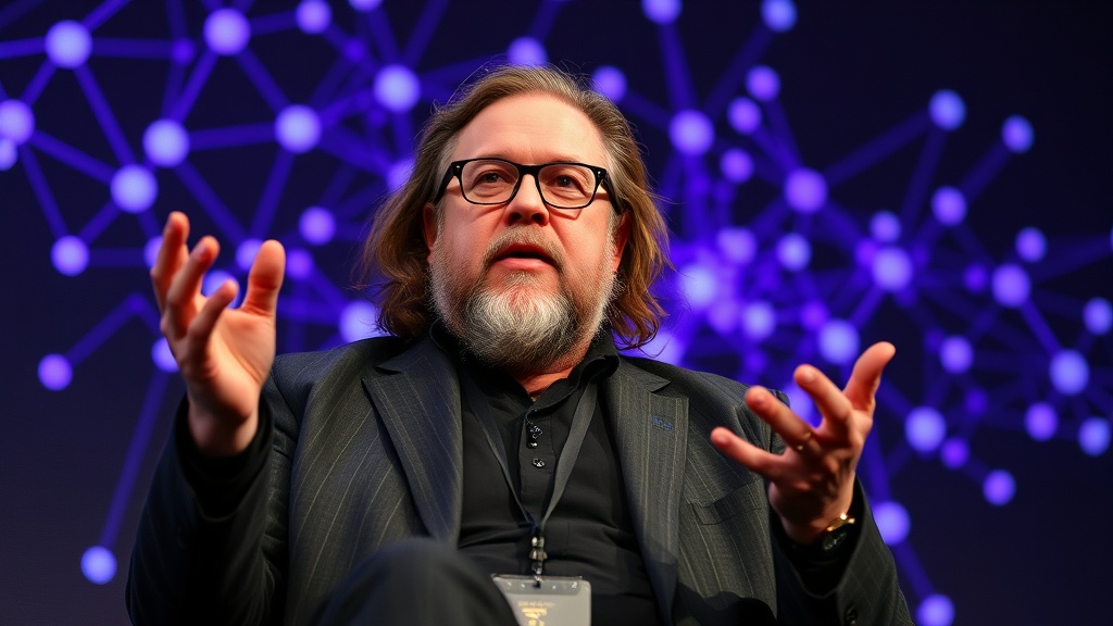 Jaron Lanier speaking at a technology conference, gesturing thoughtfully.