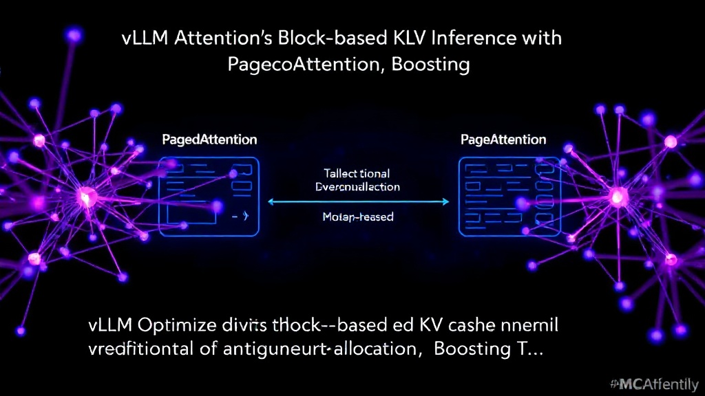Conceptual diagram illustrating PagedAttention's block-based KV cache management versus traditional contiguous allocation.