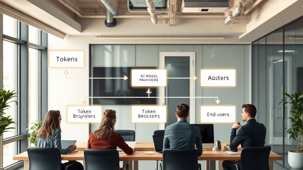 Diagram illustrating the flow of tokens from AI model providers to token brokers and then to end-users.