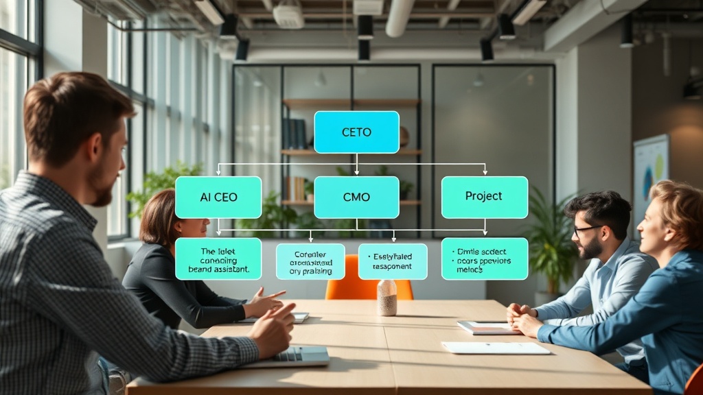 Diagram illustrating an AI organization structure with AI CEO, CTO, CMO, and project-specific AI roles
