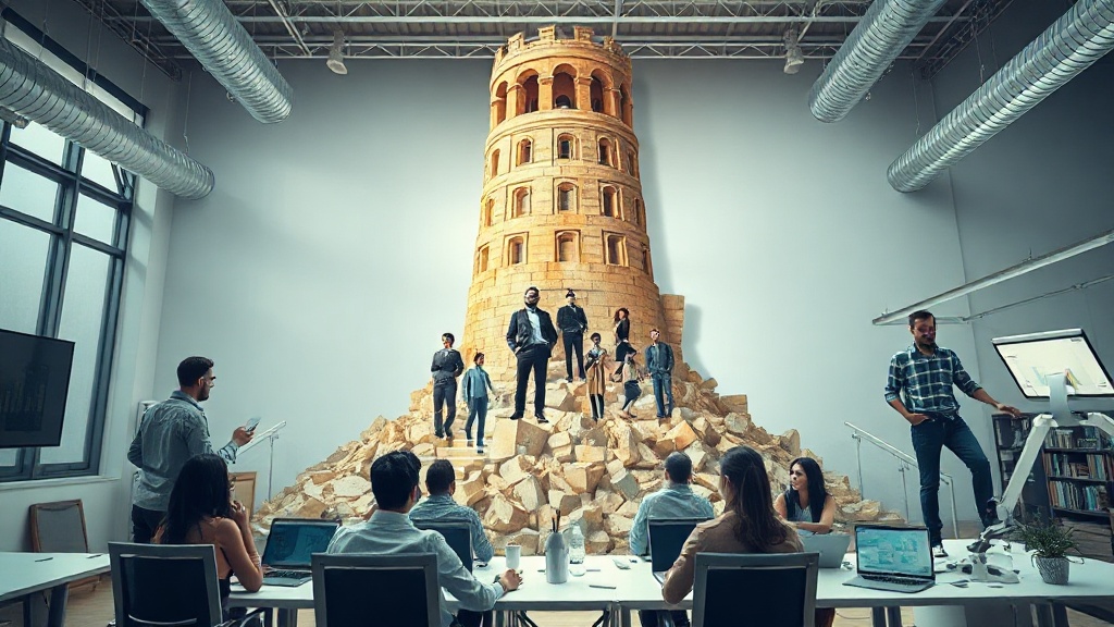 Illustration of a symbolic ivory tower with walls crumbling, revealing diverse figures emerging
