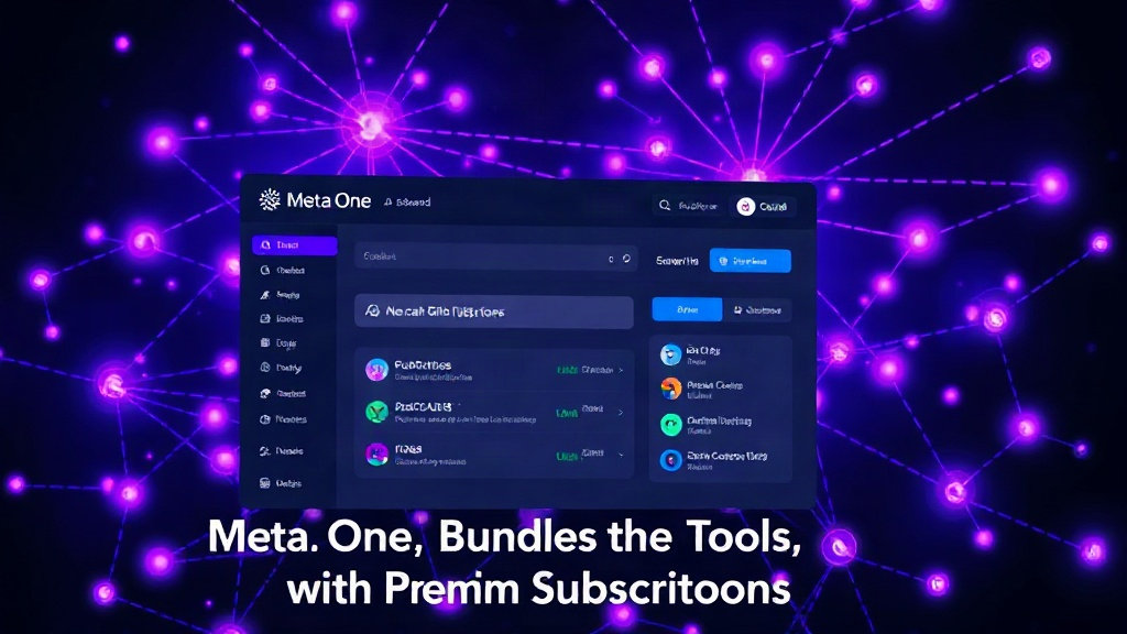 Mockup of Meta One subscription dashboard showing AI tool access and premium features