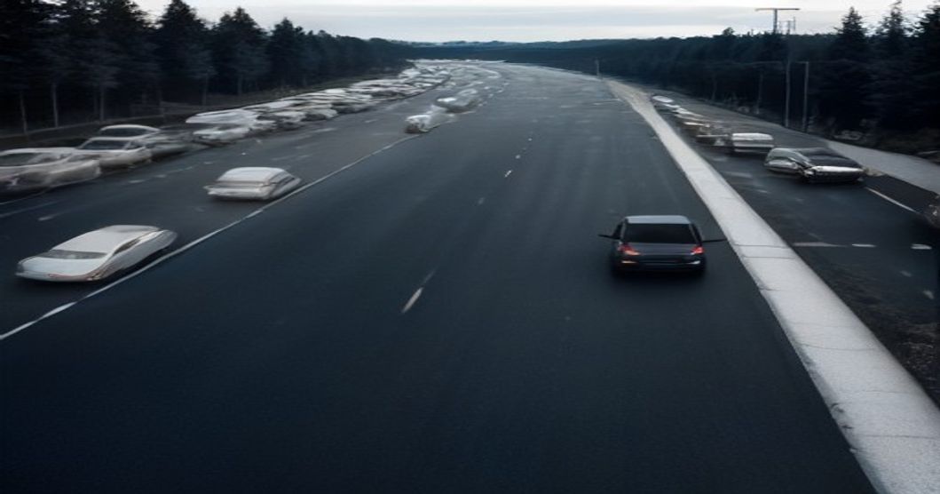 Visual representation of a single-lane highway congested with traffic, symbolizing the browser's main thread.