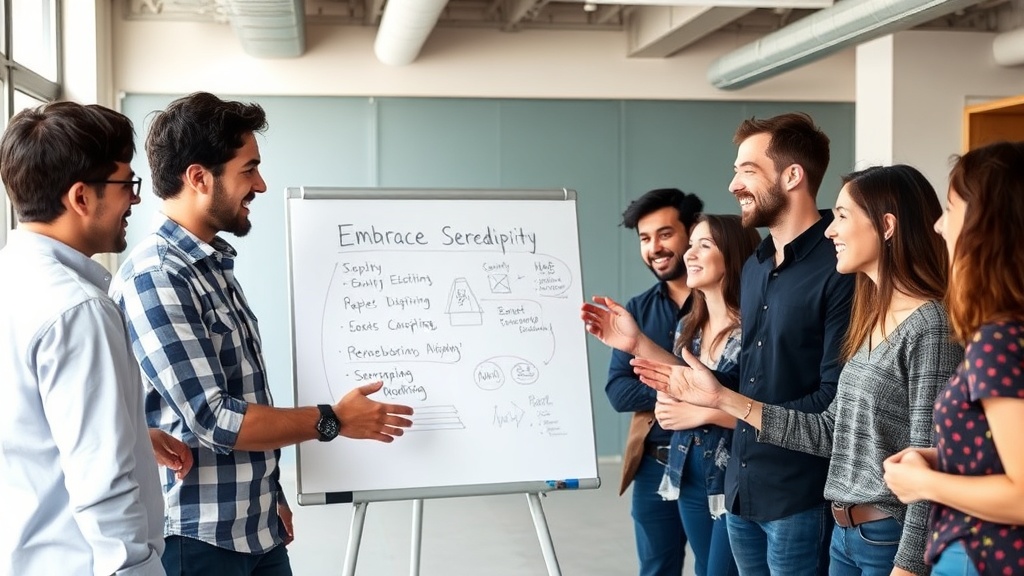 A diverse group of developers collaborating around a whiteboard, some gesturing enthusiastically.