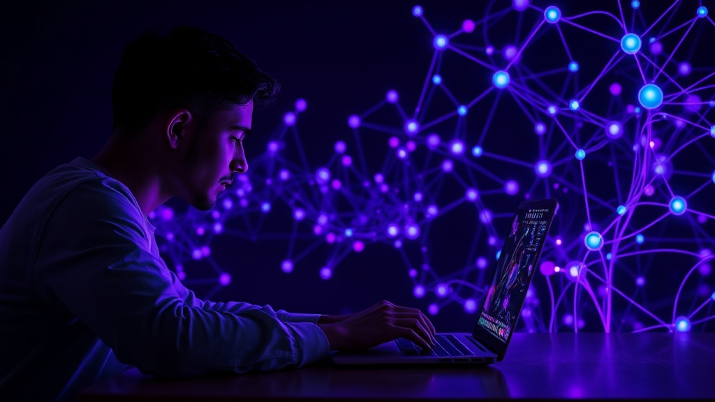 Person interacting with a chatbot on a laptop late at night