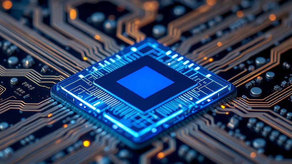 Rendering of a silicon photonics chip with light pathways