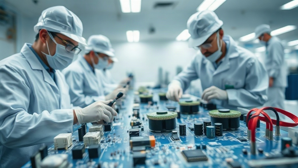 Engineers working on satellite ground station equipment in a clean room environment.