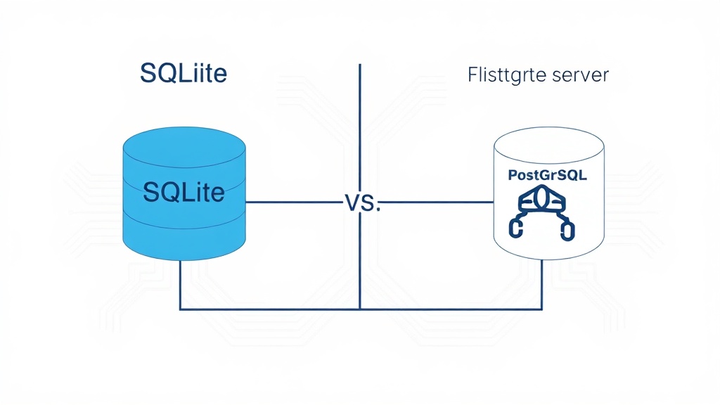 Diagram illustrating SQLite's single-file database architecture versus PostgreSQL's client-server model
