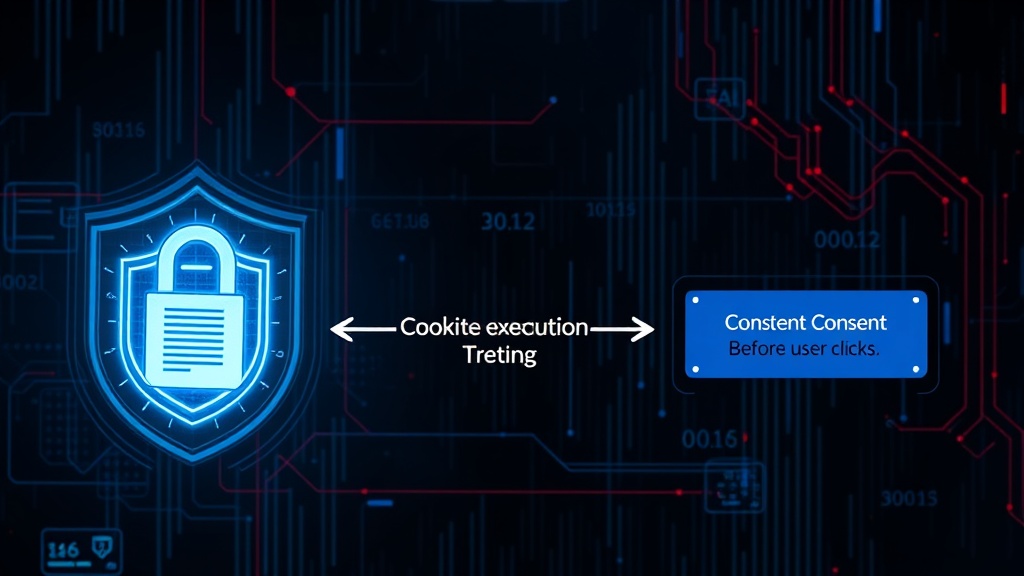 Diagram illustrating the sequence of events: page load, tracker execution, cookie setting, then consent banner interaction.